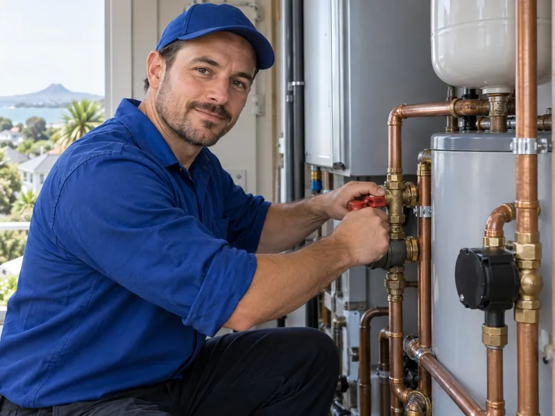 Plumber adjusting a valve on copper pipework