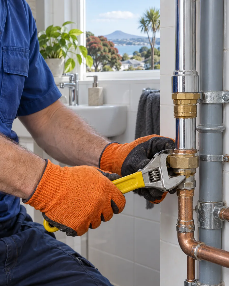 Gloved hands tightening a pipe fitting with a wrench
