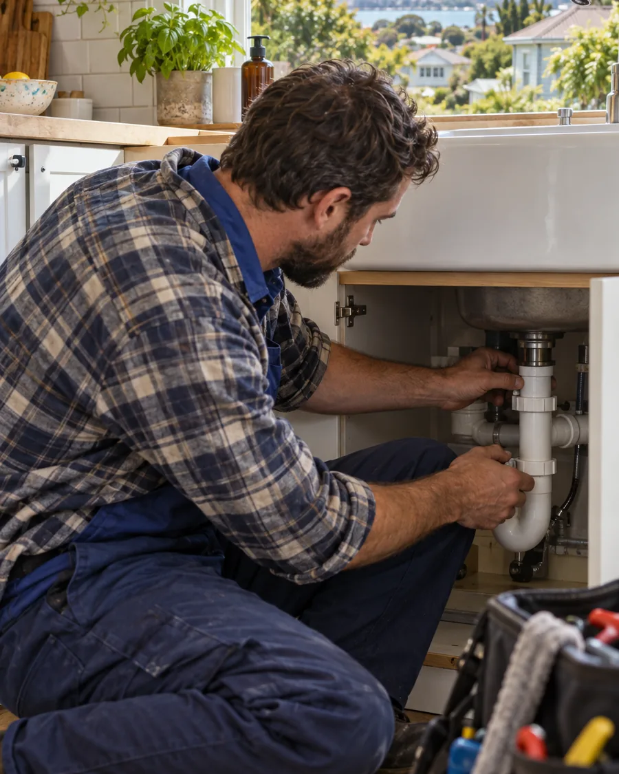 Plumber concentrating on pipework under a sink