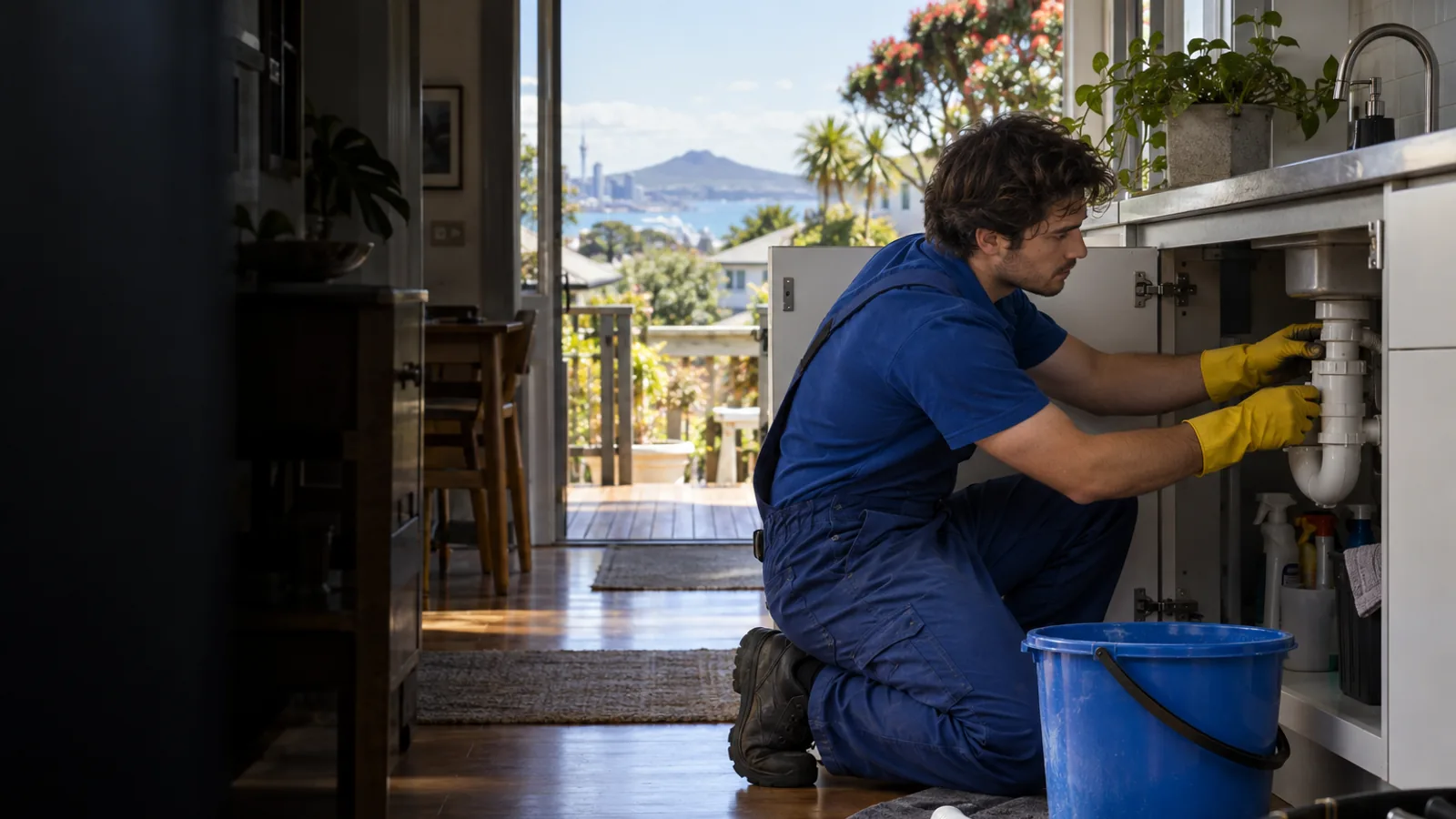 Auckland plumber working on the waste pipes under a kitchen sink