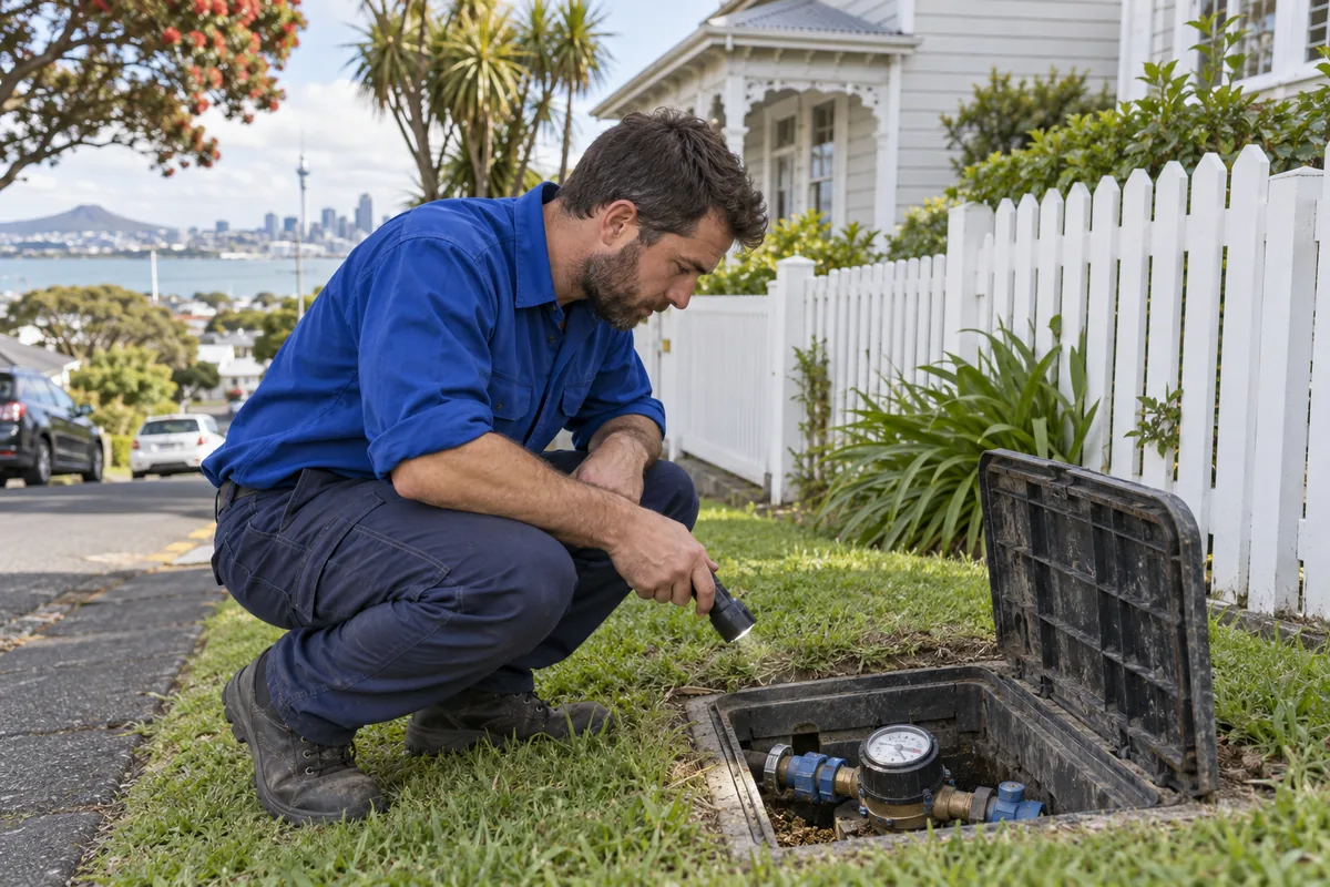 Plumber checking the water meter in a toby at the front boundary