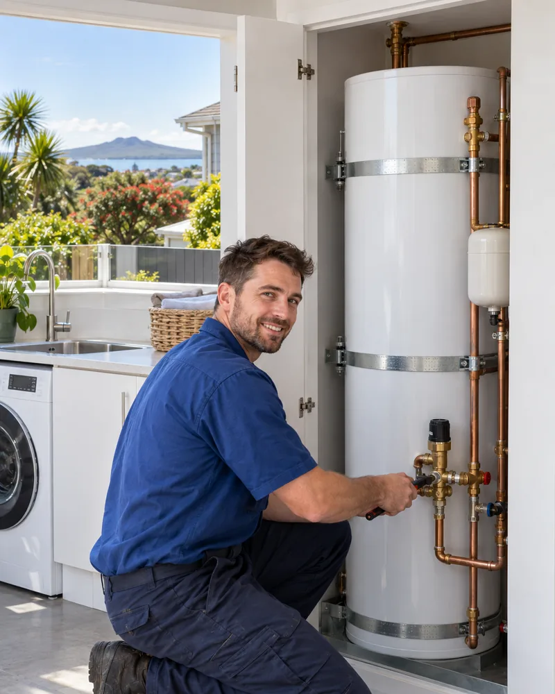 Newly installed hot water cylinder with seismic restraints